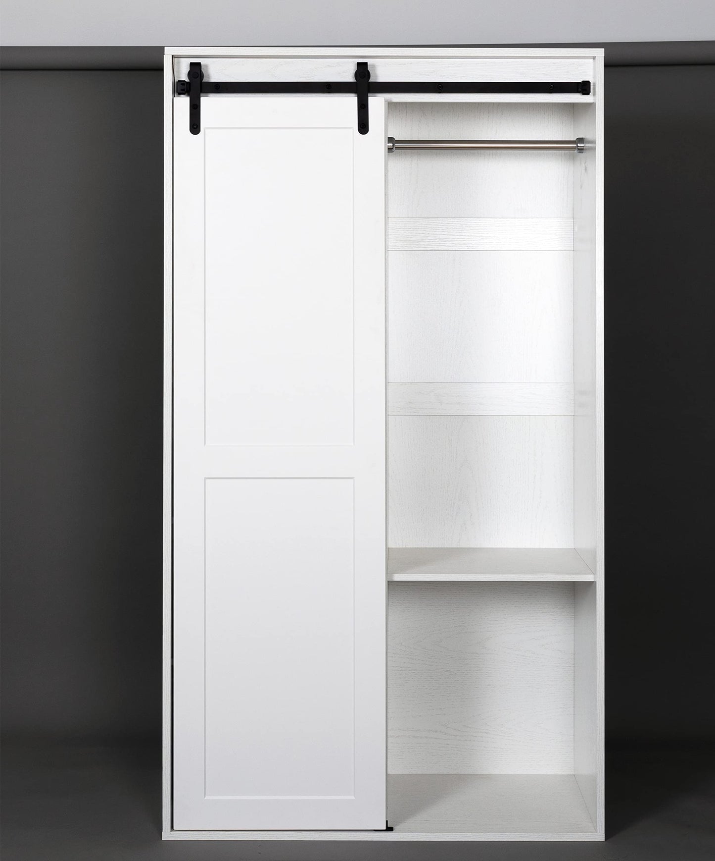 71 inch Tall Bedroom Armoire Wardrobe Closet Clothing Storage Cabinet with Hanging Rod Barn Door Drawers Open Shelves (White)