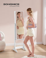 SONGMICS Mirror Jewelry Cabinet Armoire, Standing Full-Length Mirror, Lockable Jewelry Organizer, Gift Idea, White Surface and Black Lining UJJC69WT SONGMICS