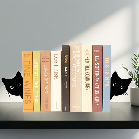 Bookends Metal Cat Book Ends, 1 Pairs Cute Bookends for Shelves Decorative for Home Office Desk Bookshelf Decor (Black, Full-face) TYLCC