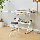 Drafting Table w/Stool, Height Adjustable Drawing Table, Multifunctional Art Craft Paintings Work Station w/2 Storage Drawers Artists Desk Tilting Glass Tabletop for Home Office White MilleLoom