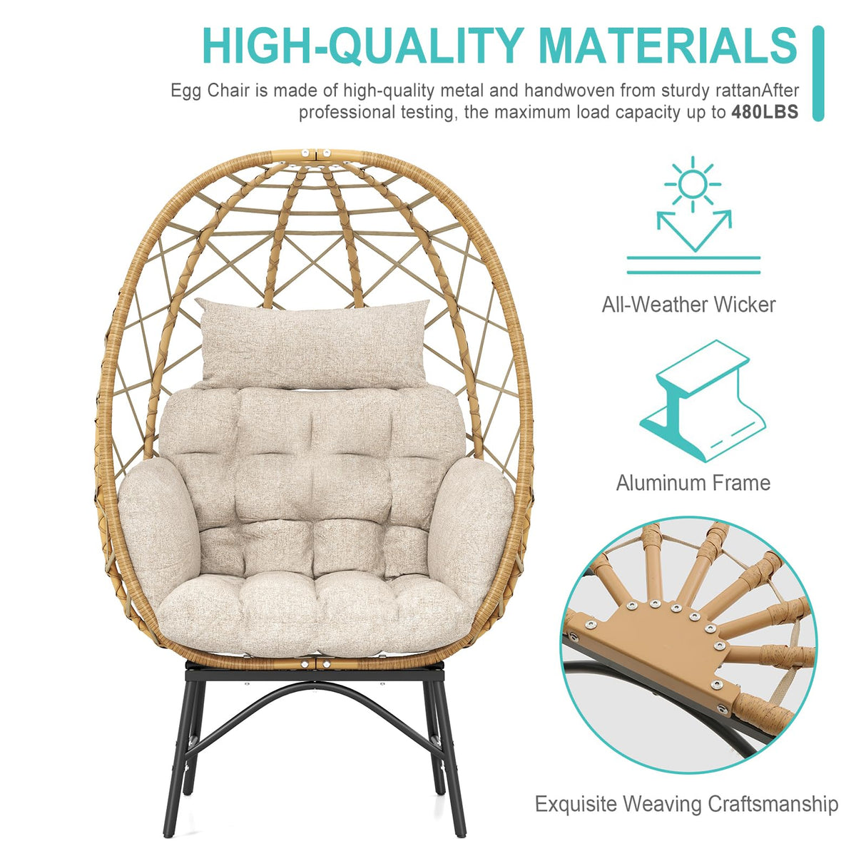 SWITTE Wicker Egg Chair Outdoor Indoor, Oversized Rattan Patio Lounge Chairs with Cushion for Backyard, Living Room, Steel Frame, 480lb Capacity-Cream SWITTE