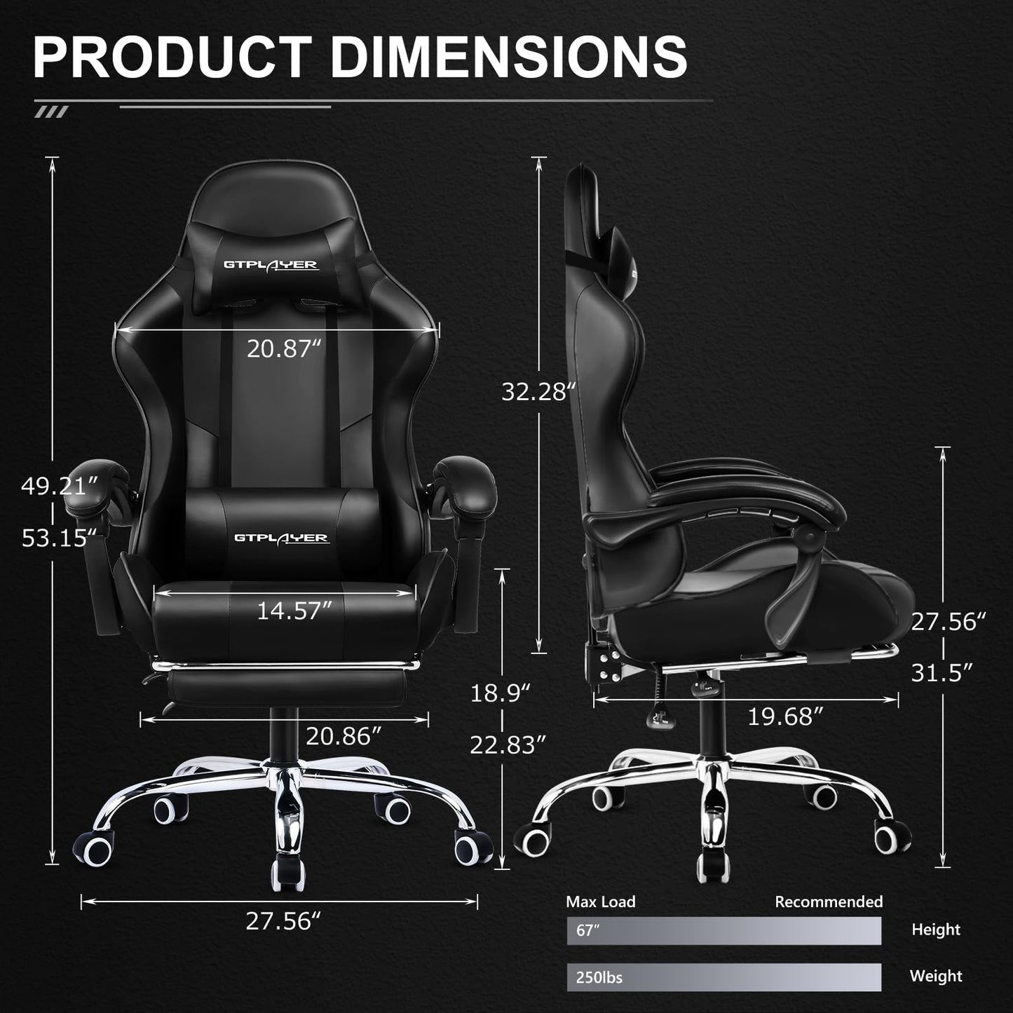 GTPLAYER Gaming Chair, Computer Chair with Footrest and Lumbar Support, Height Adjustable Game Chair with 360°-Swivel Seat and Headrest and for Office or Gaming (Faux Leather, Black)