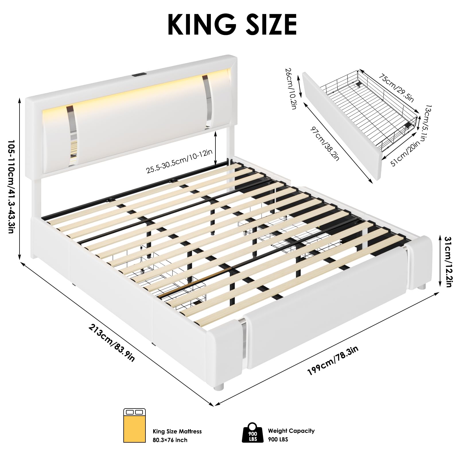 Keyluv King Size Upholstered Platform Bed with RGB LED Lights, Storage Drawers, and USB Charging Ports - WoodArtSupply