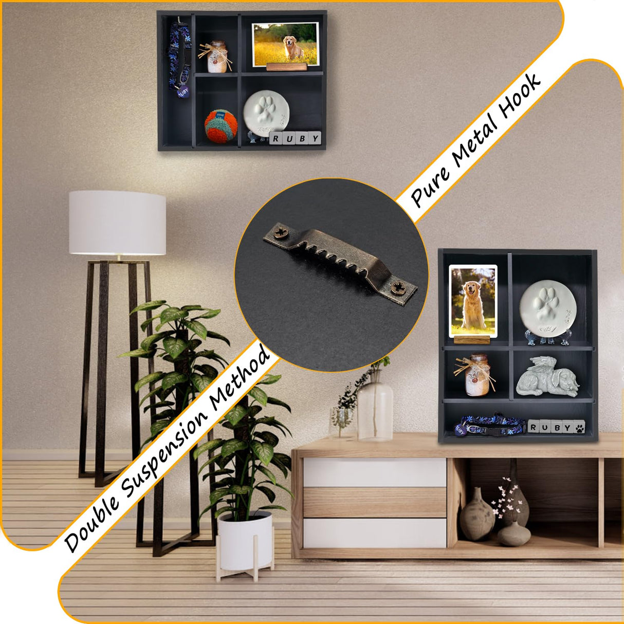 Sofunii Pet Memorial Shadow Box with Shelves for Dogs or Cats,11 * 14" Solid Wood Pet Frame Urn Ashes Display Case for as Loss Pet Remembrance Memory Keepsake - Black Sofunii