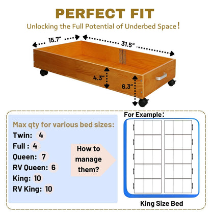 2-Pack Solid Wood Under Bed Storage with Wheels, Underbed Drawers Underneath with Handle - Wooden Crate Clothes Storage Containers Organizer (Light Brown) - Fits Any Size Bed - WoodArtSupply