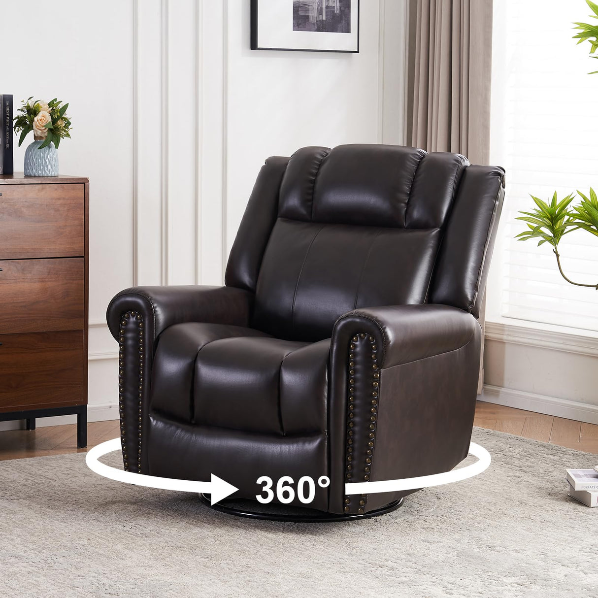 SOFTHION Swivel Rocker Recliner Chair, Leather Massage Vibration Heat Traditional Manual Recliner for Adults, Single Sofa for Living Room, Bedroom Home Theater Seating, Glider, Brown SOFTHION