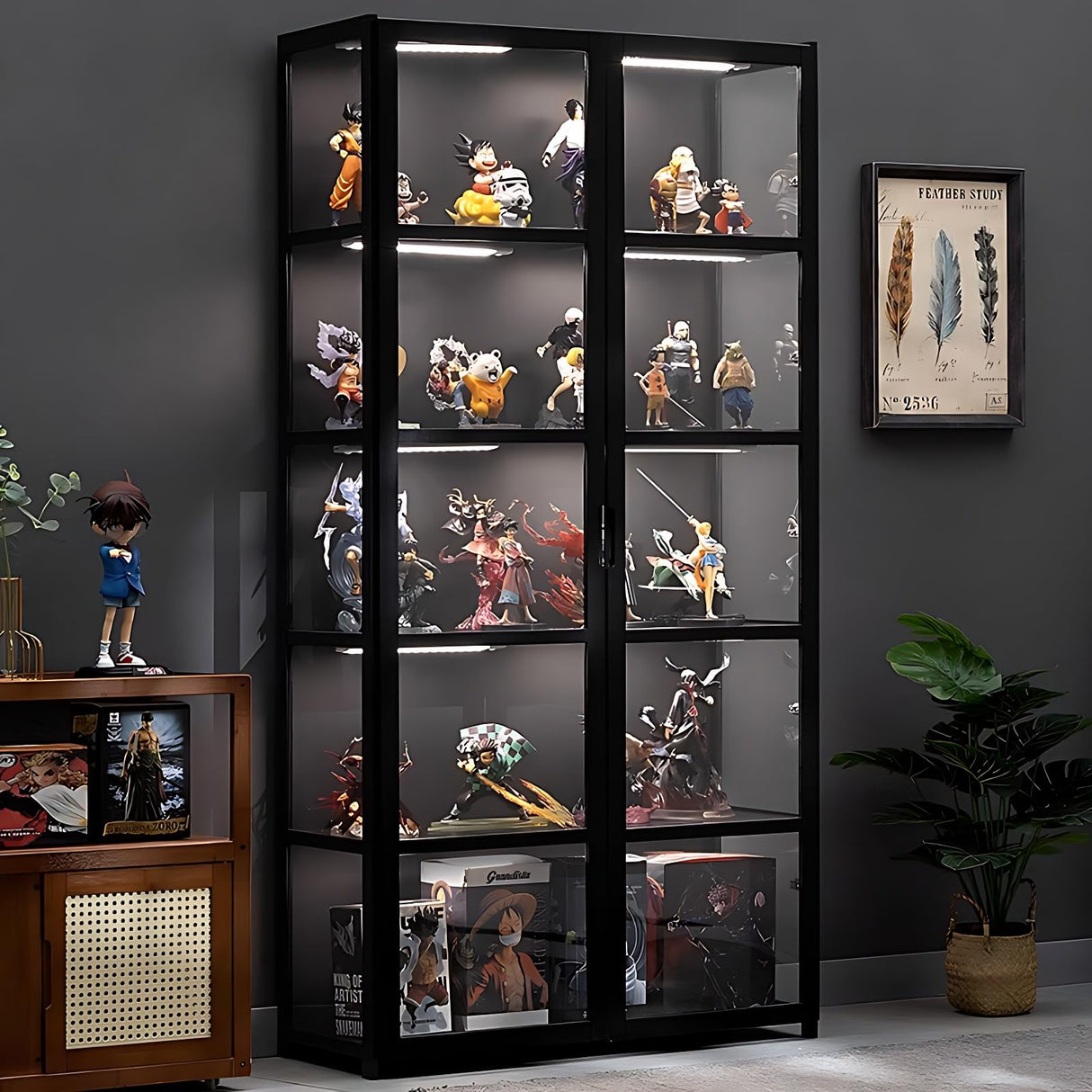 idhhco 5 Tier Curio Display Cabinet, Display Cabinet with Acrylic Glass Door, Collectibles Toy Organizers Rack & Display Shelf, Kids Bookcase for Bedroom, Reading Nook, Toddler's Room, Bamboo idhhco