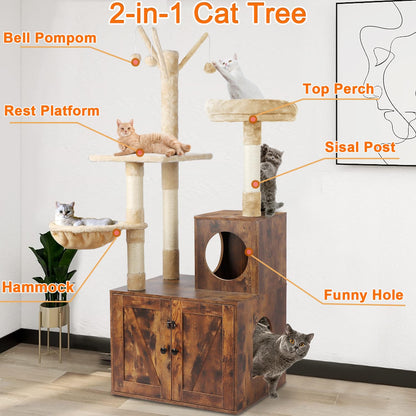 Timberer Litter Box Enclosure with Cat Tree, Wooden Cat House with Cat Tree Tower, Hidden Cat Litter Box Furniture with Scratching Post, Modern Cat Condo, Rustic Brown - WoodArtSupply