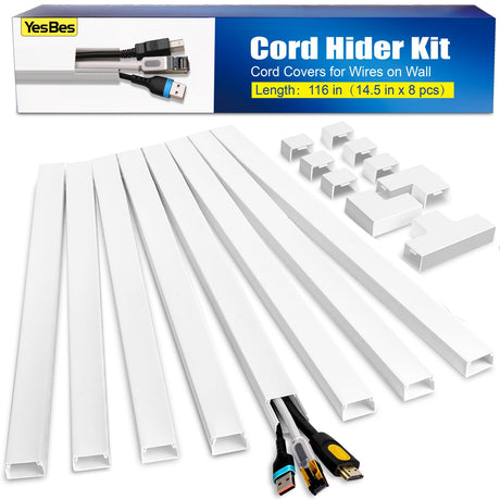 116in Cord Hider Kit, Cord Covers for Wires on Wall, Paintable Cable Raceway, Cord Hider for Wall Mount Tv, Tv Cable Hider Wall Kit, Wire Covers for Cords, W0.96in X H0.57in, White YesBes