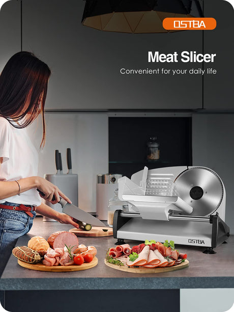 OSTBA Meat Slicer Electric Deli Food Slicer with Child Lock Protection, Removable 7.5’’ Stainless Steel Blade and Food Carriage, Adjustable Thickness Food Slicer Machine for Meat, Cheese, Bread(150W) OSTBA