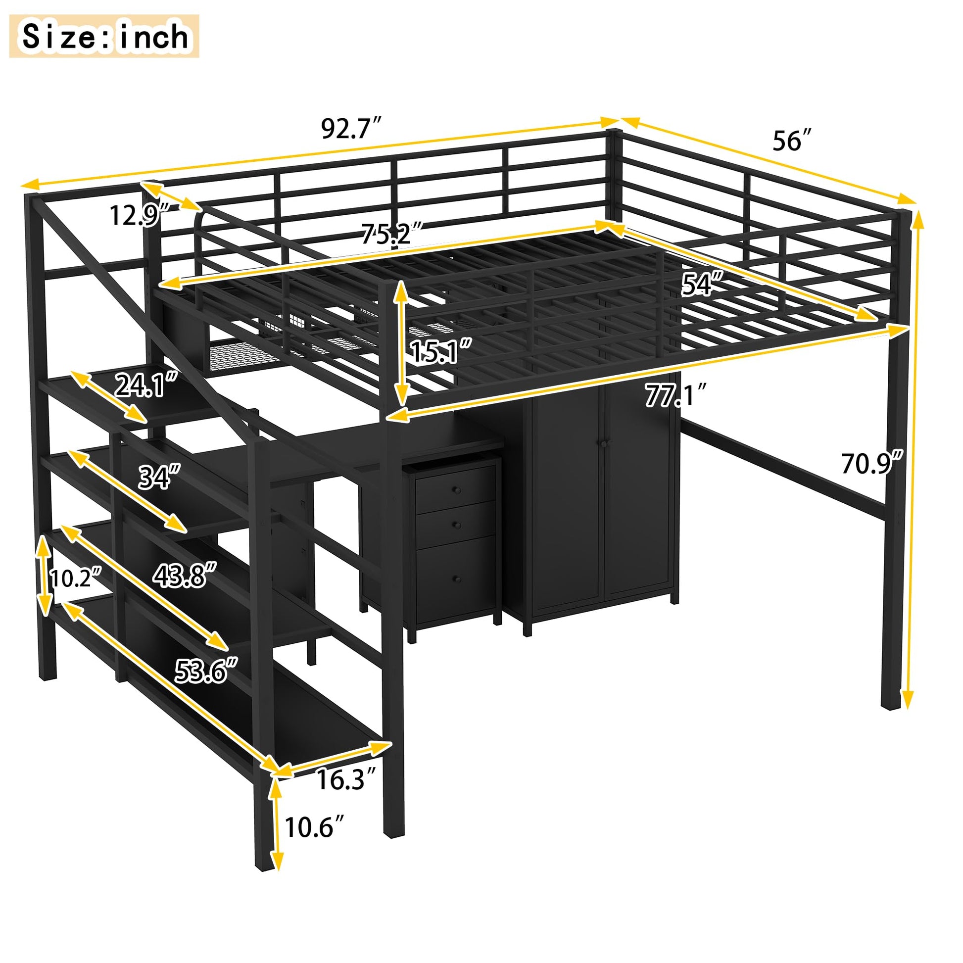 SOFTSEA Industrial Full Size Metal Loft Bed with Desk, Wardrobe, and Stairs for Small Spaces - WoodArtSupply