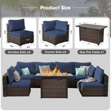 Grezone Patio Furniture Set,7 Piece Patio Furniture Set with Fire Pit Table,PE Wicker Rattan Sectional Sofa Patio Conversation Set with Thickened Cushions, Blue Grezone