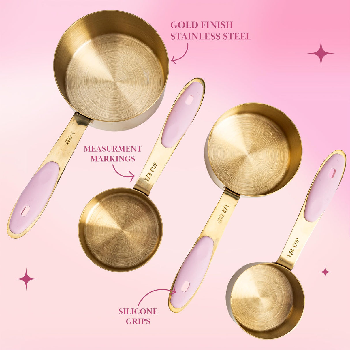 Paris Hilton Measuring Cups and Spoons Set, Stainless Steel with Pink Silicone Inset Handle, Dishwasher Safe, For Dry and Liquid Ingredients, 8-Piece Set, Gold and Pink Paris Hilton