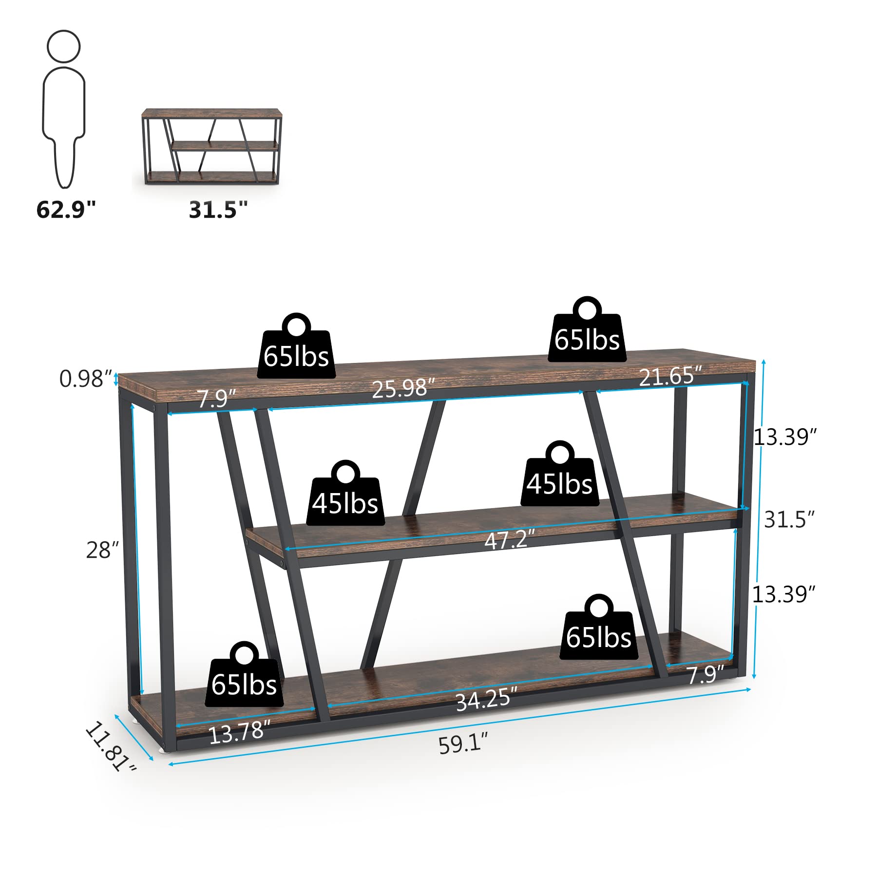 Tribesigns Console Table, Industrial Sofa Table with Shelves, 3-Tier Entryway Table with Storage for Entryway, Living Room, Hallway, 59.1" L x 11.8" W x 31.5" H, Rustic Brown - WoodArtSupply