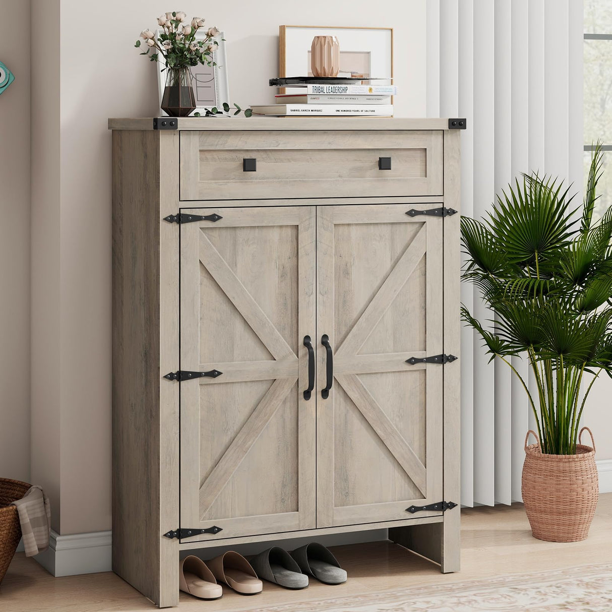 Halitaa Shoe Cabinet, Farmhouse Shoe Storage Organizer, Shoe Storage Cabinet with Doors & Drawer, Boots High-Shoe Cabinet Organizer for Entryway Living Room Hallway, Grey Halitaa