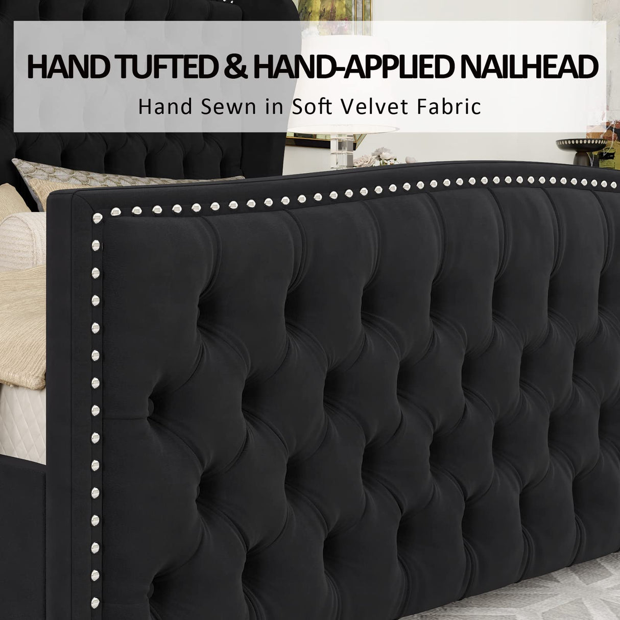 AMERLIFE King Size Platform Bed Frame, Velvet Upholstered Bed with Deep Button Tufted & Nailhead Trim Wingback Headboard/No Box Spring Needed/Black AMERLIFE
