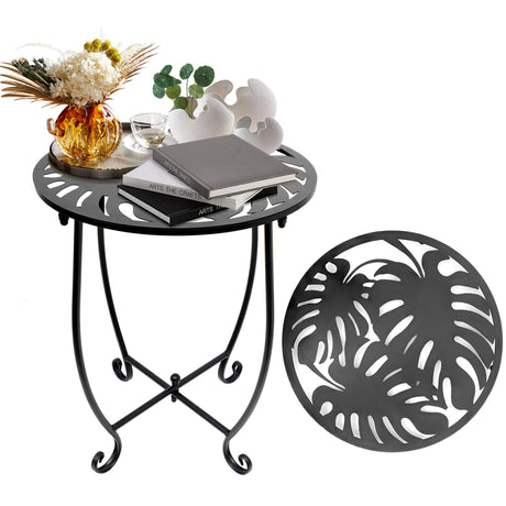 Outdoor Side Table for Small Spaces, Versatile 14 Inch Round Metal End Table for Patio Balcony Yard Porch Garden Bedside, Anti-Rust and Waterproof Accent Table for Indoor Outdoor Use, Easy Assembly Plant Castle