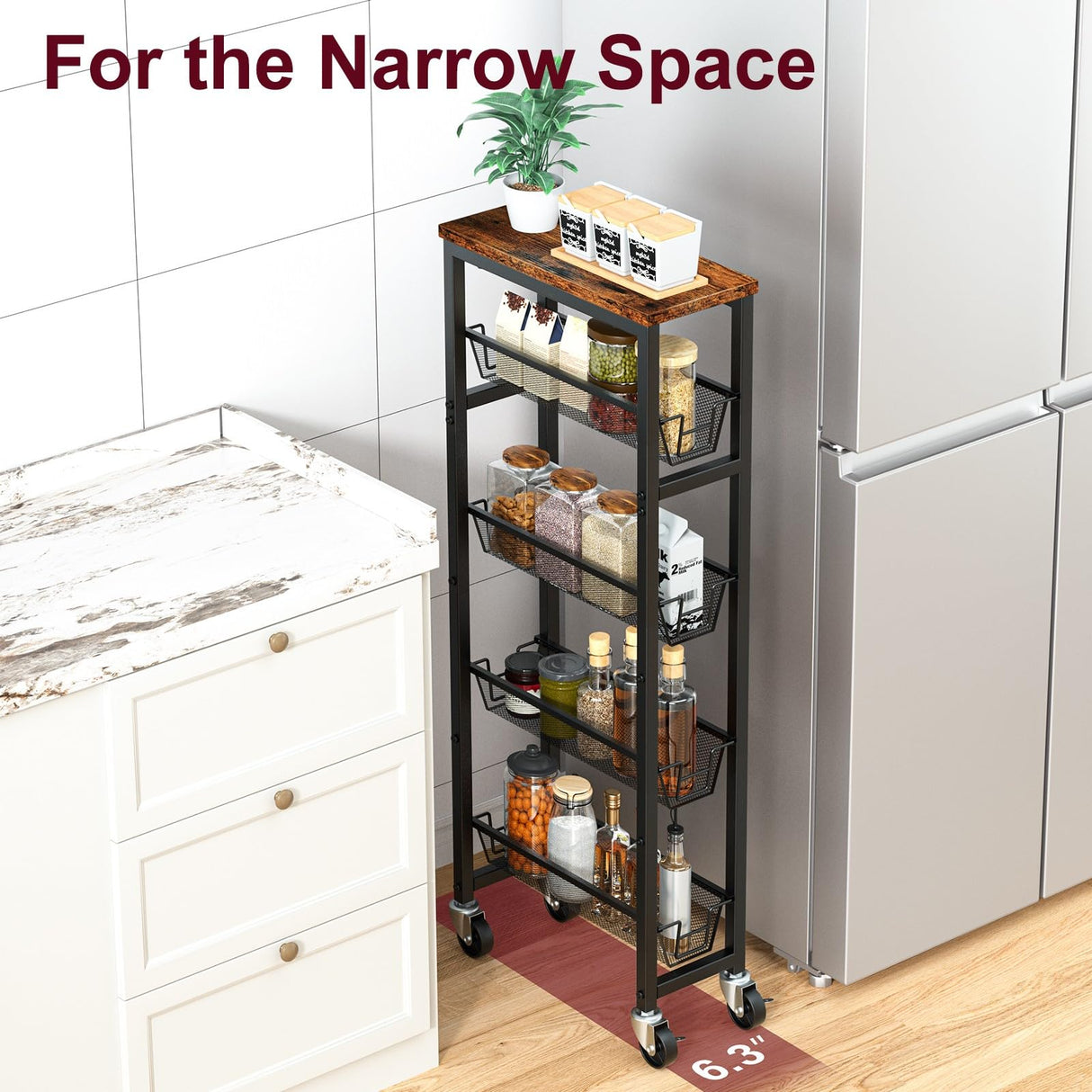 Honest Slim Storage Cart 4-Tier Slim Rolling Cart with Metal Frame and Wooden Top, 6.3 Inches, Storage Cart for Kitchen, Dining Room, Living Room, Bathroom, Home Office, Rustic Brown and Black HONEST OUTFITTERS