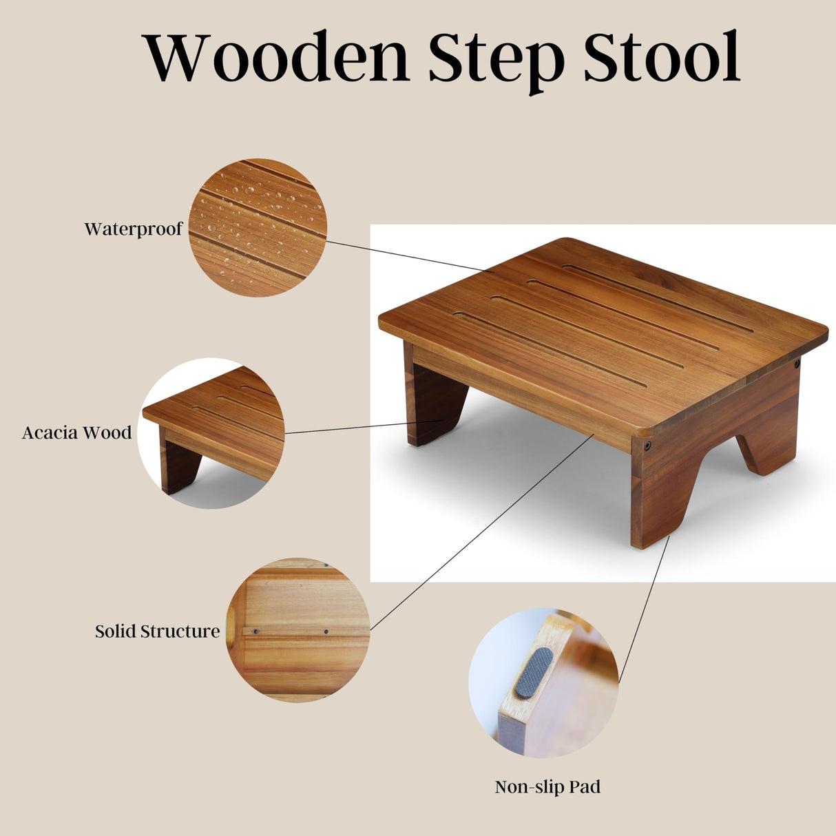 Perfnique Wooden Step Stool, 6.5" One Step Stool for Adults Kids Elderly, 300lb. Load Non-Slip Acacia Wood Step Stools for High Beds, One Step Ladder for Bedroom, Kitchen, Bathroom (Natural,6.5in) PERFNIQUE