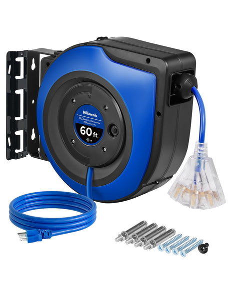 WILAWELS Retractable Cord Reel, 60 FT Heavy Duty Extension Cord, 12AWG/3C SJTOW, 3 Grounded Outlets Lighted Triple Tap, 15A Circuit Breaker, Wall/Ceiling Mounted, UL Listed, Blue U60CR06 WILAWELS