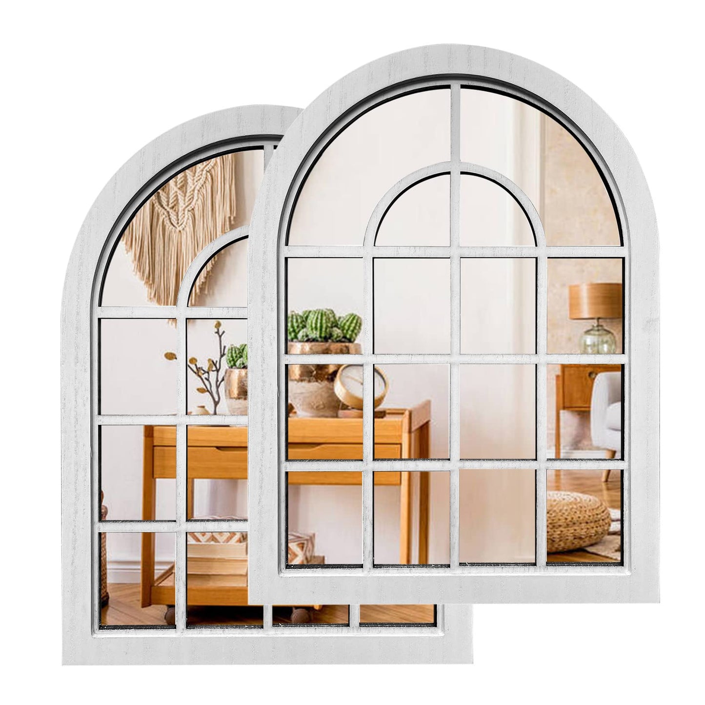 ZEXUIRU 2PCS Arched Window Wall Mirror,Rustic Farmhouse Accent Mirror, Wood Framed Entry Mirror for Living Room,Bathroom,Bedroom,Kitchen,15.7x11.8 Inches