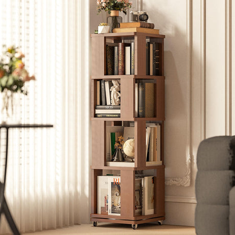 4 Tier Solid Wood Rotating Bookshelf Tower on Wheels, 360° Upgrade Spinning Book Shelf, Revolving Bookcase Organizer, Swivel Bookshelves for Small Spaces, Corner, Bedroom, Kids Room, Office (Walnut) Easyego