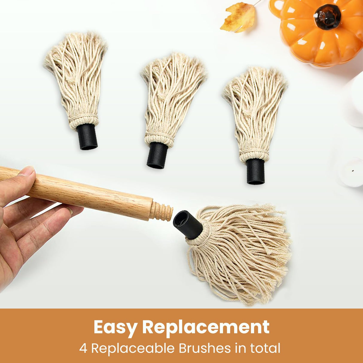 GEEKHOM Grill Basting Mop, Grilling Basting Mops Brushes with Long Wood Handle and Replacement Heads BBQ Sauce Brush for Barbecue Baking Smoking Roasting Steak Cooking, 18 inch GEEKHOM