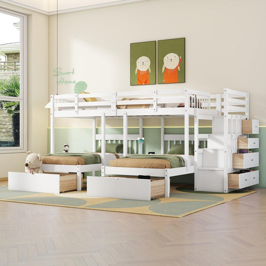 Harper & Bright Designs Triple Bunk Beds with Drawers, Wood Full Over Twin & Twin Bunk Bed with Storage Staircase, Triple Bed for Kids,3 Bed Bunk Beds with Storage for Girls Boys,White