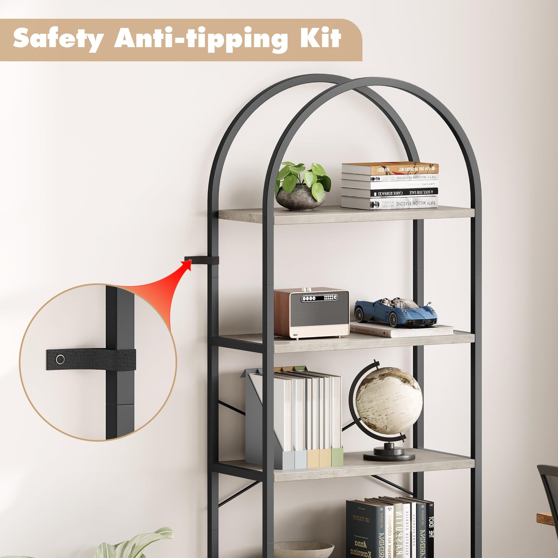 IDEALHOUSE 5-Tier Grey Bookshelf – Stylish Arched Display Rack for Home, Office, or Living Room Storage - WoodArtSupply