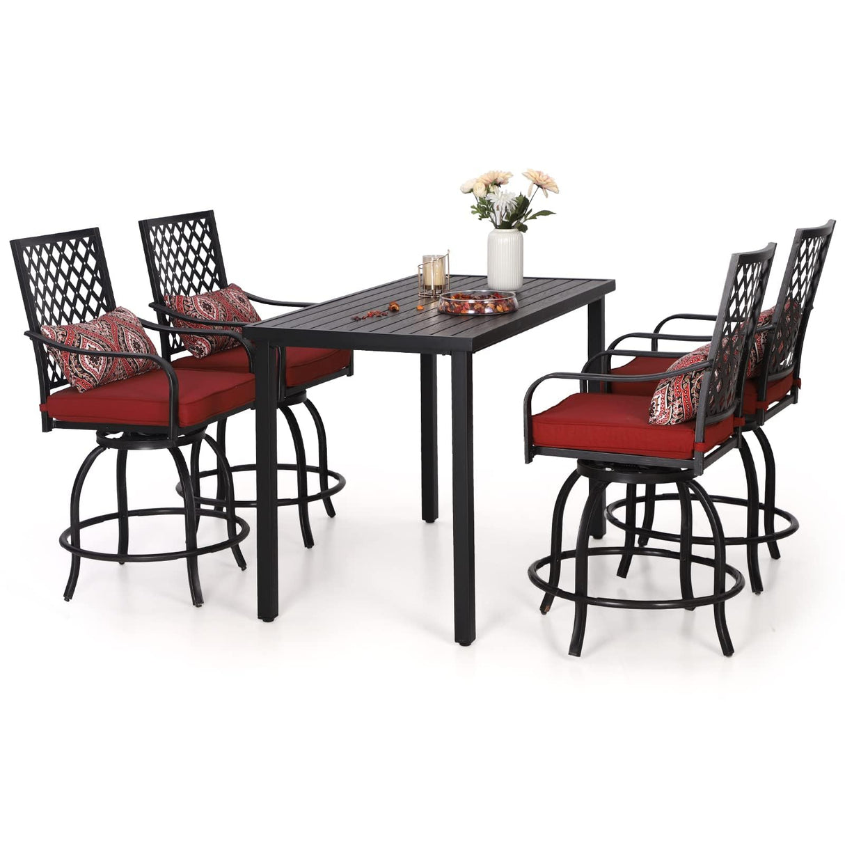 Sophia & William Patio Bar Set 5 Piece Outdoor Dining Set, 4 Swivel Bar Stools Chairs with Red Cushion and 1 Rectangular Bar Height Table, All-Weather Metal Furniture Set for Garden Lawn Backyard Sophia & William