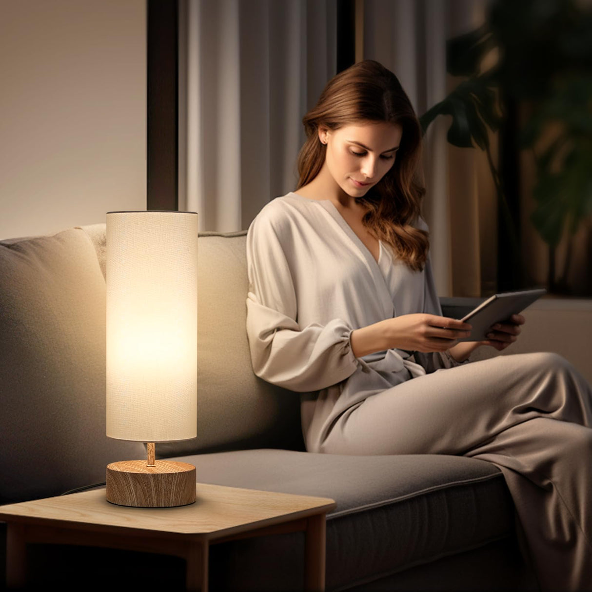 Bedside Table Lamp, 3 Way Touch Control Table Lamp with Wood Grain Base, Dimmable Nightstand Lamp with White Shade, Simple Night Light for Bedroom Living Room Home Office, LED Bulb Included Seaside village