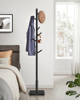 VASAGLE Coat Rack, Solid Wood Coat Stand, Freestanding Hall Tree, 8 Hooks, Ink Black URCR010B01 VASAGLE