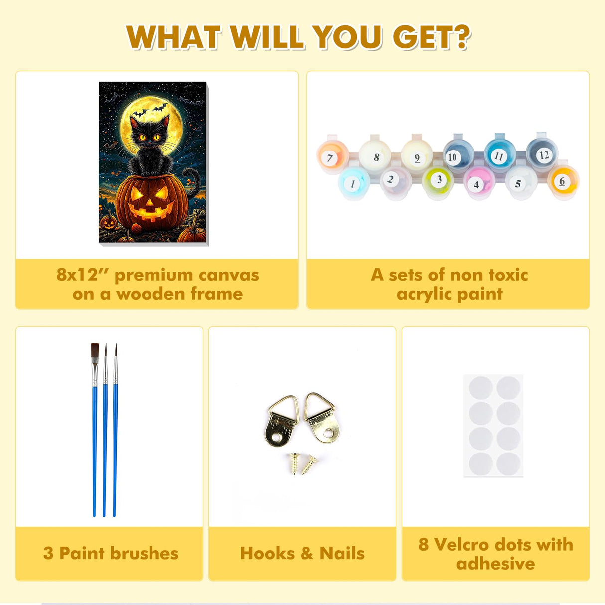 Bowetile Halloween Framed Paint by Numbers for Adults Beginners, Easy Adults' Paint-by-Number Black Cat Kits on Canvas, Acrylic Number Painting Crafts Kits Halloween Gifts for Home Decor, 8x12in Bowetile