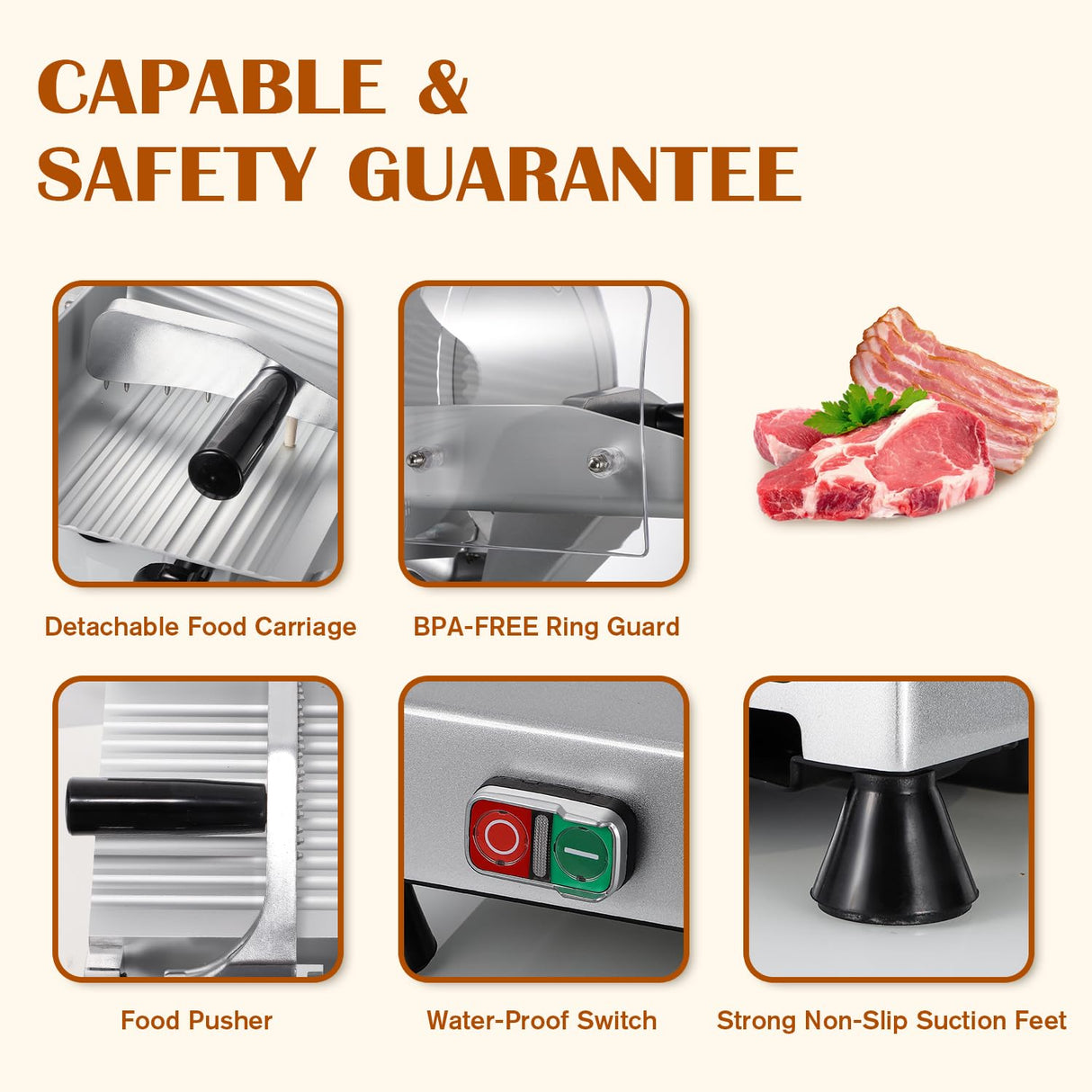 CGOLDENWALL Meat Slicer Machine 10" Commercial Meat Slicer 240W Electric Deli Meat Cheese Food Slicer 0-1/2" Adjustable Thickness Semi-Auto Frozen Meat Slicer for Home, Copper Motor Low Noise Durable CGOLDENWALL