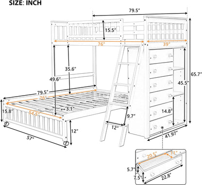 Harper & Bright Designs Twin Over Full Bunk Beds with Six Drawers and Flexible Shelves,Wooden Bunk Beds with Storage and Removable Bottom Bed for Kids Girls Boys,No Box Spring Needed (Espresso)