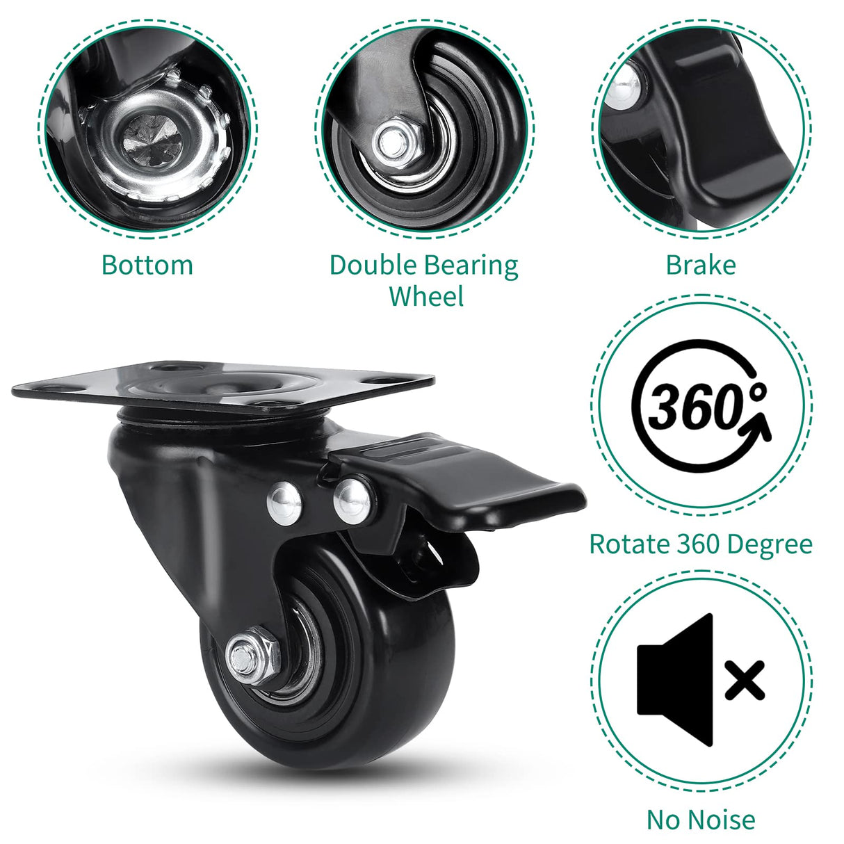 PRITEK 2 inch Caster Wheels, Heavy Duty Casters No Noise No Marking Lockable 360 Degree Swivel Casters for Furniture Cart Cabinet Bench Ottoman (650lbs/4pcs, Screws,Washers & Screwdriver Included) PRITEK