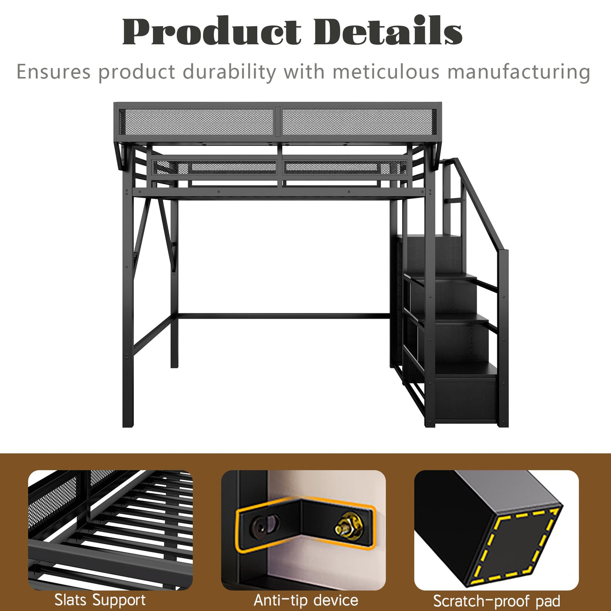 Mirightone Full Size Loft Bed with Stairs and Storage, Metal Loft Bed Frame with Bedside Shelf and Large Under-Bed Space, Heavy-Duty Loft Beds for Adults Teens and Kids, Black Mirightone