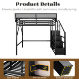 Mirightone Full Size Loft Bed with Stairs and Storage, Metal Loft Bed Frame with Bedside Shelf and Large Under-Bed Space, Heavy-Duty Loft Beds for Adults Teens and Kids, Black Mirightone