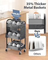 ALVOROG 3 Tier Rolling Cart with DIY Pegboards Metal Utility Cart with Wheels Handles Baskets Hooks, Storage Cart for Office Kitchen Bathroom(Gray) ALVOROG