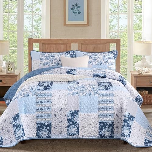 Anibedding Blue Patchwork Quilt Set King Size Boho Floral Plaid Bedspread Coverlet Set, Farmhouse Soft Microfiber Bedding Set, Blue Summer Bed Cover with 2 Pillowcases for All Season Anibedding