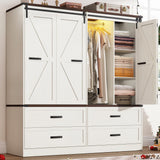 Farmhouse 4 Doors Armoire Wardrobe Closet w/Folding Sliding Barn Door and Lights, LED Armoire Closet w/Drawers for Bedroom, Freestanding Wooden Wardrobe Storage Closets w/Hanging Rod,Antique White jiteentarou