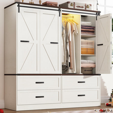 Farmhouse 4 Doors Armoire Wardrobe Closet w/Folding Sliding Barn Door and Lights, LED Armoire Closet w/Drawers for Bedroom, Freestanding Wooden Wardrobe Storage Closets w/Hanging Rod,Antique White jiteentarou