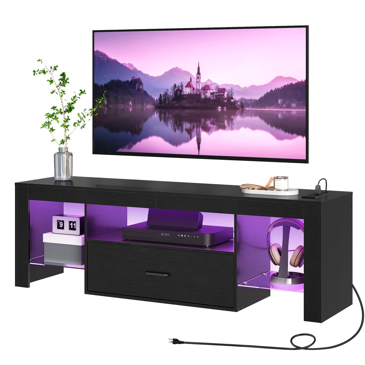 HOOBRO LED TV Stand with Power Outlets to 65 inch TV, Gaming Entertainment Center with Glass Shelves and Large Drawer, Modern Media TV Console Table for Living Room Bedroom, Black BB14UDDS01G1 HOOBRO