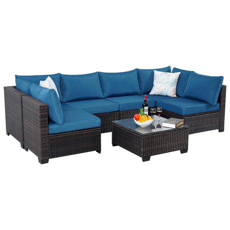 PAIQIAN 7 Piece Patio Furniture Set, Sectional Sofa Set Outdoor Rattan Patio Outdoor Sectional, Rattan Chairs Glass Table Seating Sectional Sofa with Cushions (Brown Blue) PAIQIAN