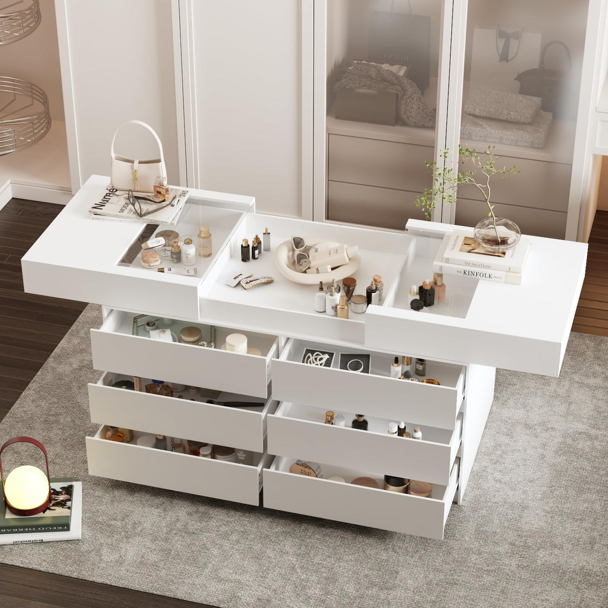 TAMUNE Armoire Bedroom Island Wardrobe Closet Island with 12 Drawers & Sliding Glass Tabletop, Island Dresser with Expandable Design, Closet Island for Bedroom Cloakroom White 63”W x 31.5”W x 35.8”H TAMUNE