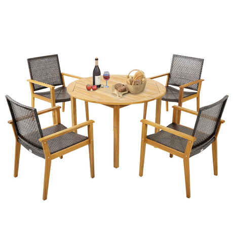 Tangkula 5 Pieces Patio Dining Set, 4 Patio Wicker Armchairs and Round Acacia Wood Dining Table, Outdoor Table and Chairs Set for Backyard, Poolside, Garden Tangkula