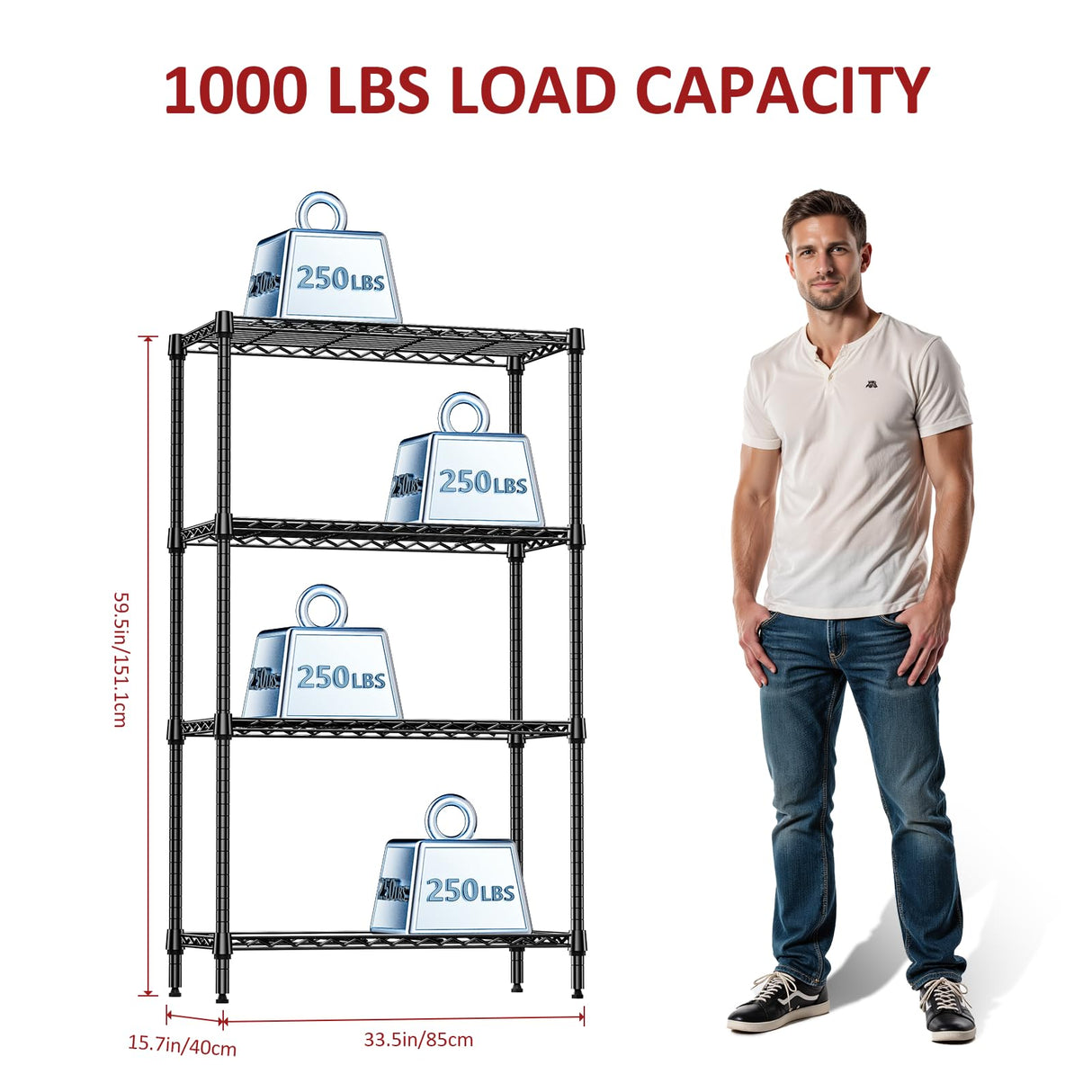 IZEUK 4-Tier Black Metal Storage Shelves, Heavy Duty Adjustable Wire Shelving Rack for Garage, Kitchen, Bathroom, Closet Organizer, 1000 lbs Capacity, 15.7" D x 33.5" W x 59.5" H IZEUK