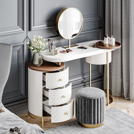 POVISON Modern Makeup Vanity Table with LED Lighted Mirror, Very Easy to Assemble, Dressing Table with Movable Tray Top, 3 Solid Wood Drawer, without Stool, 43", White (Stool Not Included) POVISON