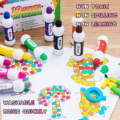 Nicecho Dot Markers Kit, 12 Colors Washable Fun Art Marker for Toddlers, Bingo Daubers for Preschool Children, Dab Paint Marker Set Coloring Supplies Including Activity Book Nicecho