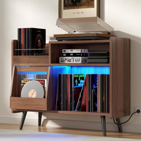 Large Record Player Stand,Turntable Stand Shelf with with Power Outlet and LED Light,Vinyl Record Storage Cabinet Up to 350 Albums, Wood Record Player Holder Table for Living Room,Office Loomie